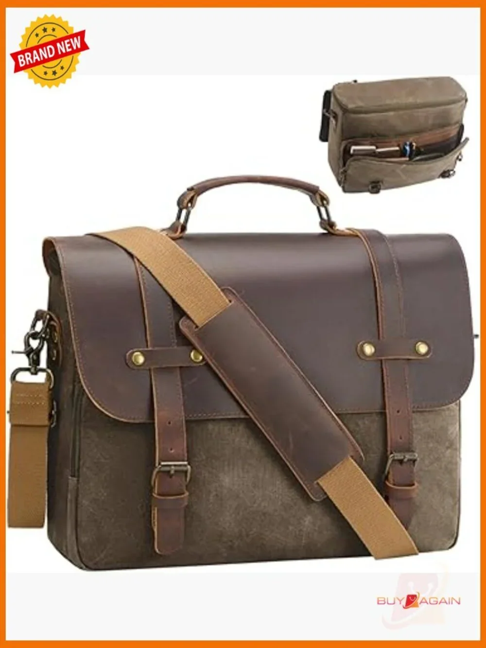 Vintage Waxed Canvas Messenger Bag, Laptop Briefcase 16